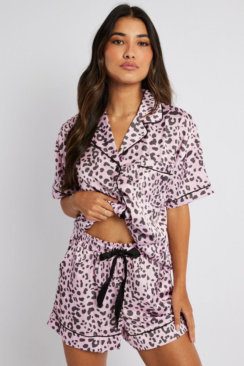 Pink Animal Print Pyjama Set Satin Short Sleeve Black Piping PJ for Ally Fashion