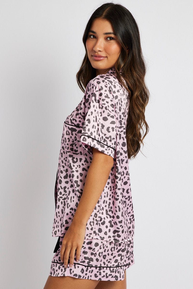 Pink Animal Print Pyjama Set Satin Short Sleeve Black Piping PJ for Ally Fashion