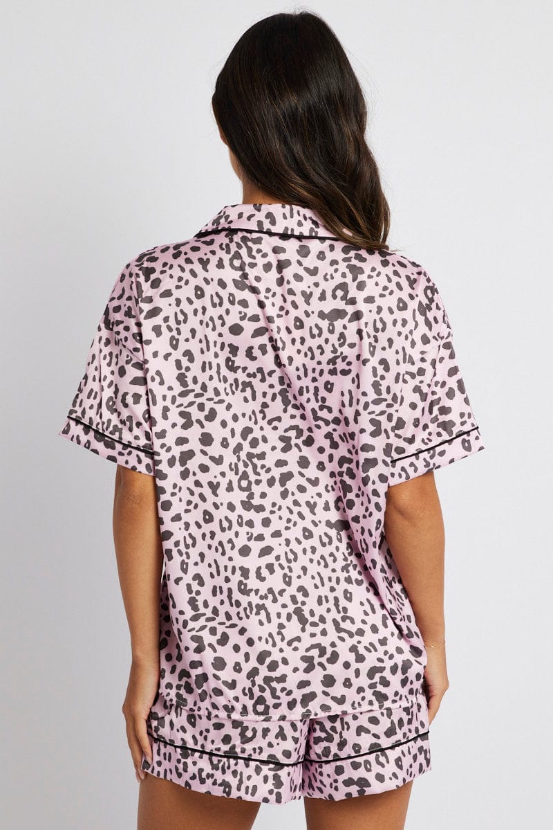 Pink Animal Print Pyjama Set Satin Short Sleeve Black Piping PJ for Ally Fashion