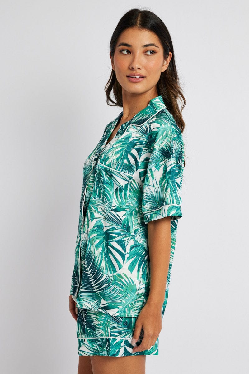 Green Print Palm Print Pj Contrast Piping Pyjama Set for Ally Fashion