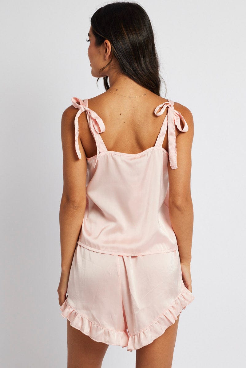 Pink Tie Shoulder PJ Ruffle Frill Pyjama Set for Ally Fashion