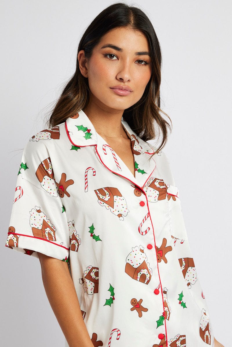 White Print Christmas Pyjama Set Gingerbread Piping Satin PJ for Ally Fashion