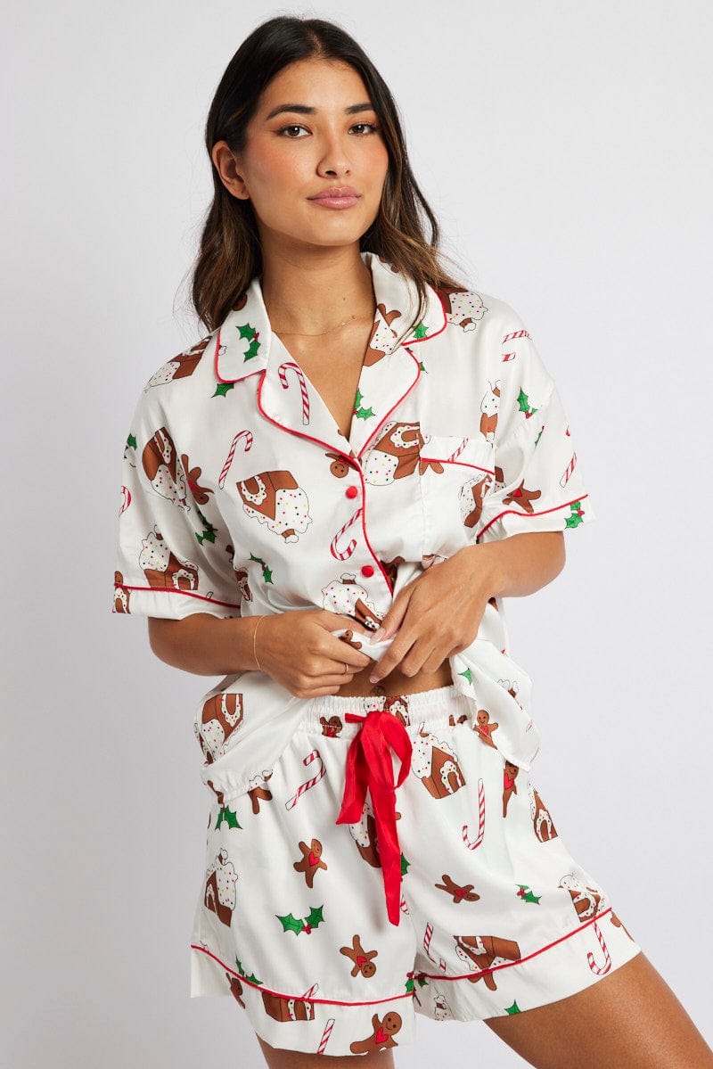 White Print Christmas Pyjama Set Gingerbread Piping Satin PJ for Ally Fashion