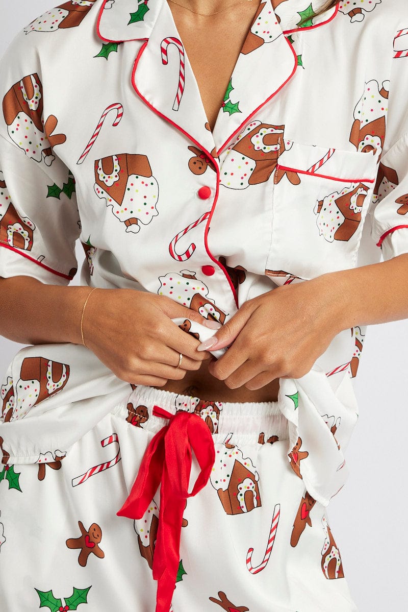 White Print Christmas Pyjama Set Gingerbread Piping Satin PJ for Ally Fashion