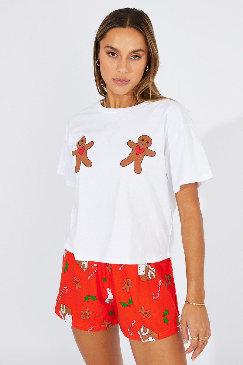Red Print Graphic Pyjama Set Christmas Novelty Jersey PJ for Ally Fashion