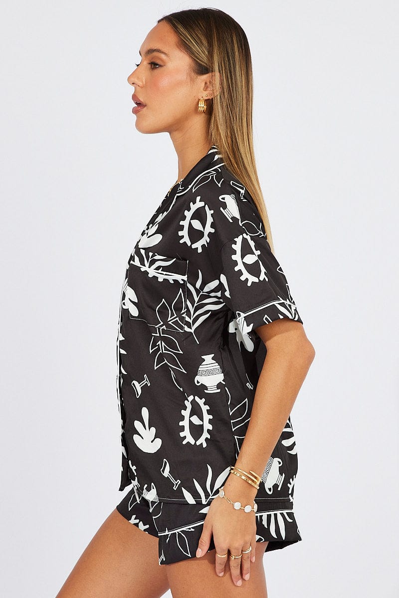 Black Abstract Pyjama Set Minimal Abstract Print PJ for Ally Fashion