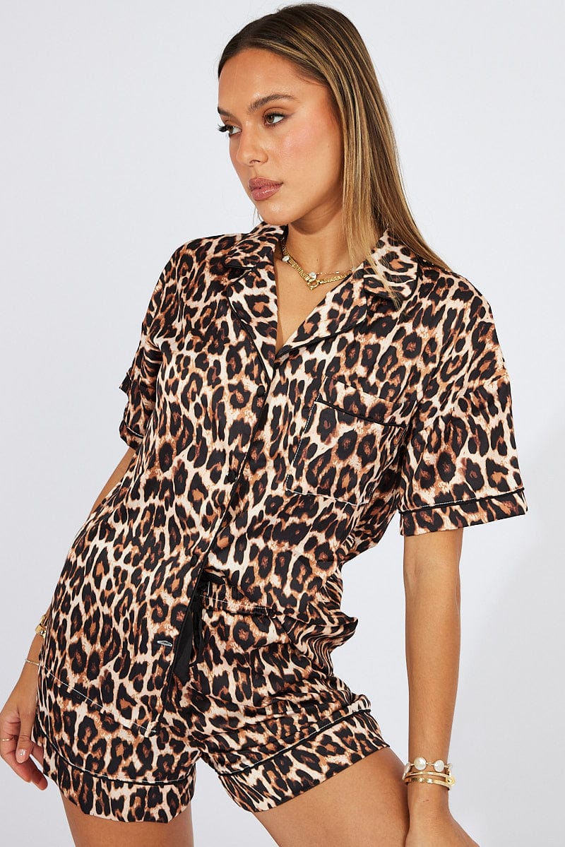 Brown Animal Print Satin Pyjama Set Contrast Piping Pj for Ally Fashion