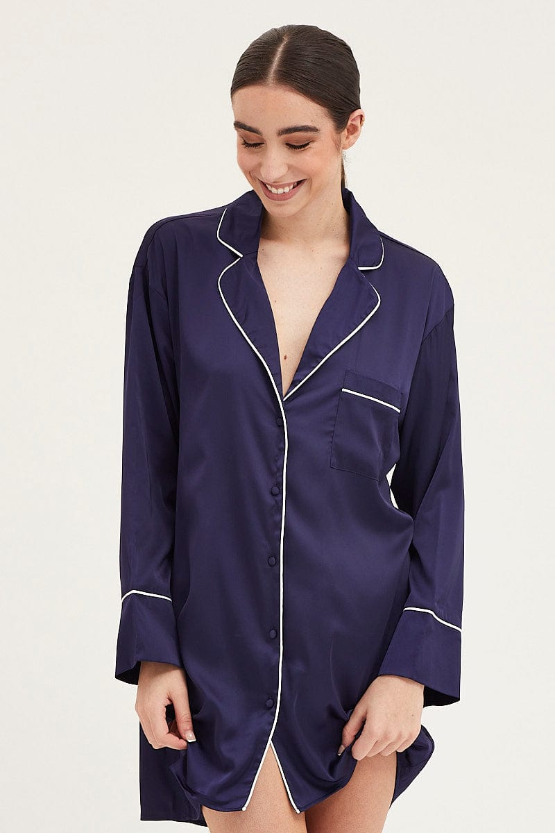 NIGHTIE Blue Satin Pajamas Long Sleeve for Women by Ally