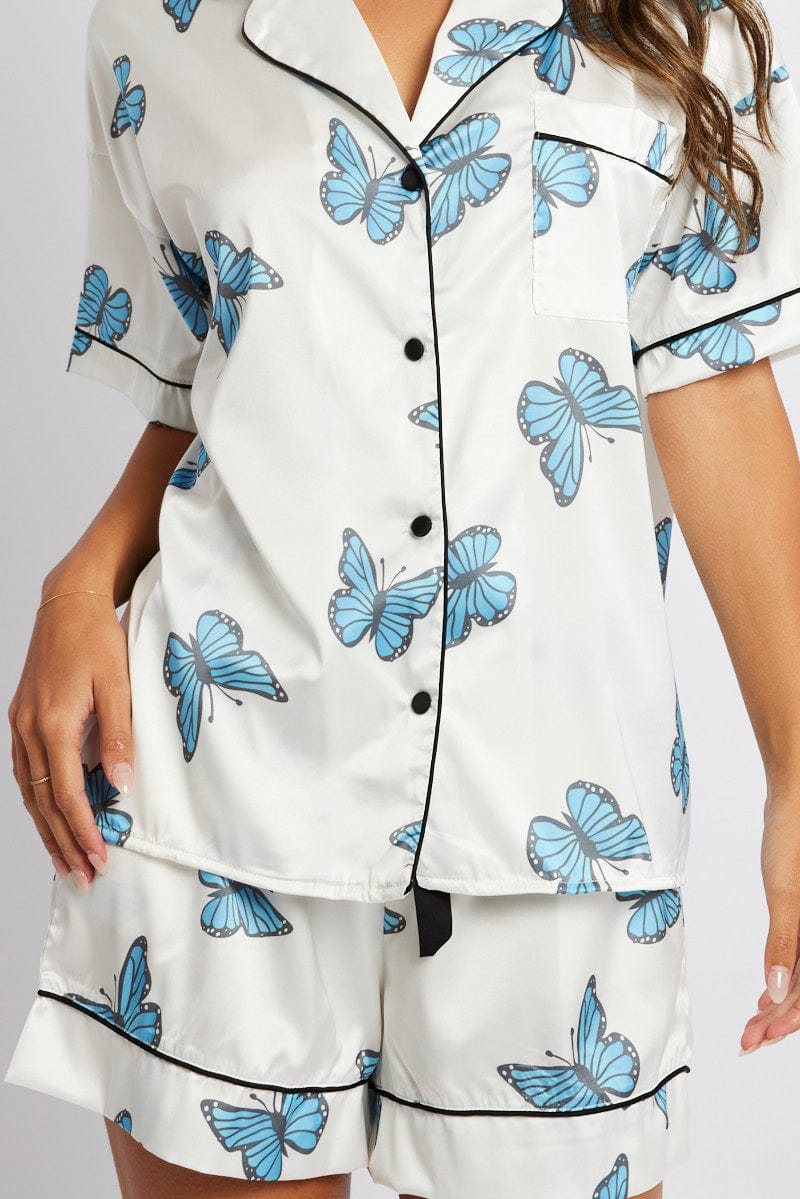 White Print Butterfly Pyjama Set Short Sleeve Piping Satin PJ for Ally Fashion