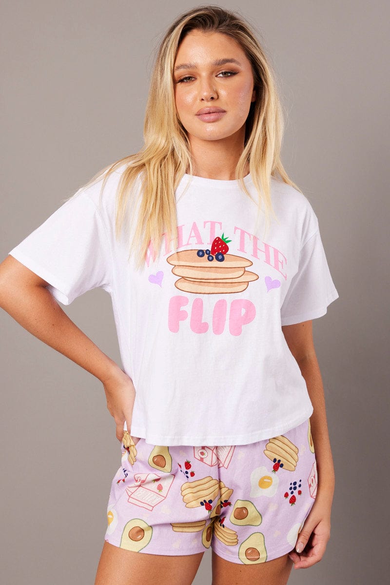 Purple Print Graphic PJ Pancake Novelty Pyjama Set for Ally Fashion