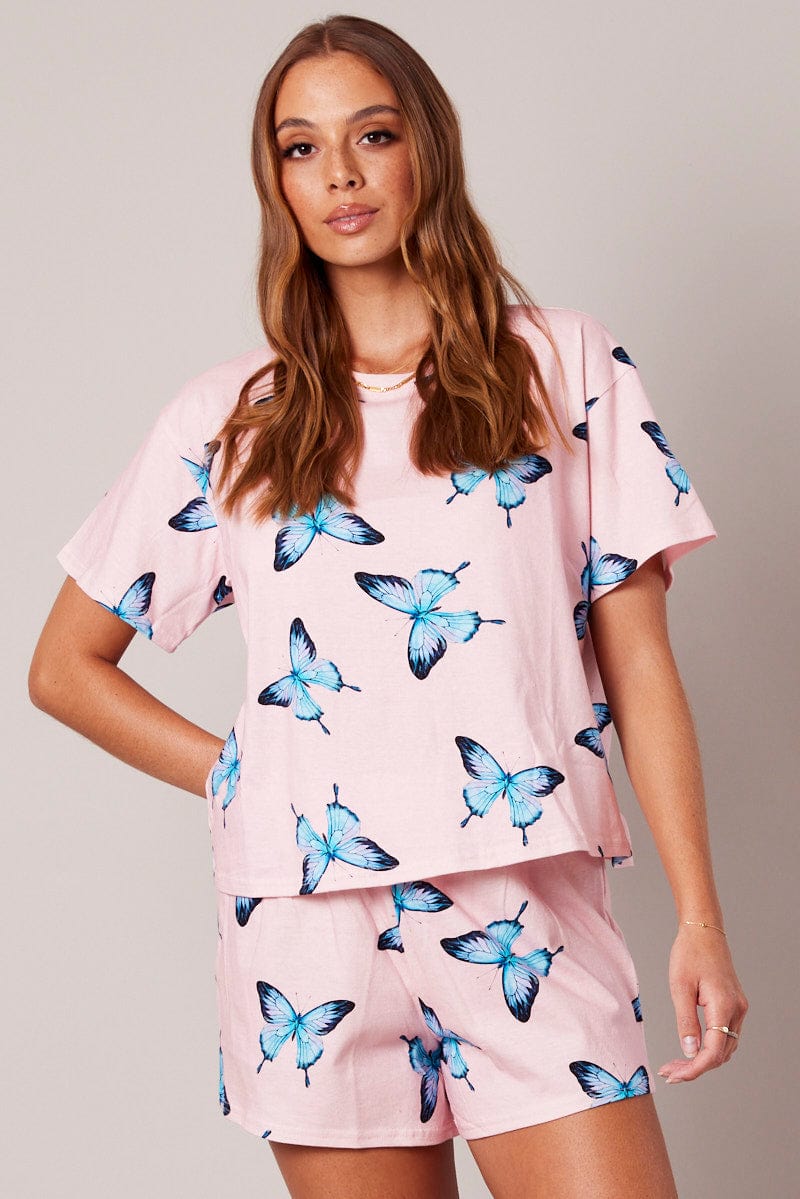 Pink Print Graphic Pj Butterfly Print Pyjama Set for Ally Fashion