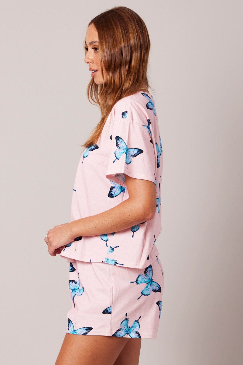 Pink Print Graphic Pj Butterfly Print Pyjama Set for Ally Fashion