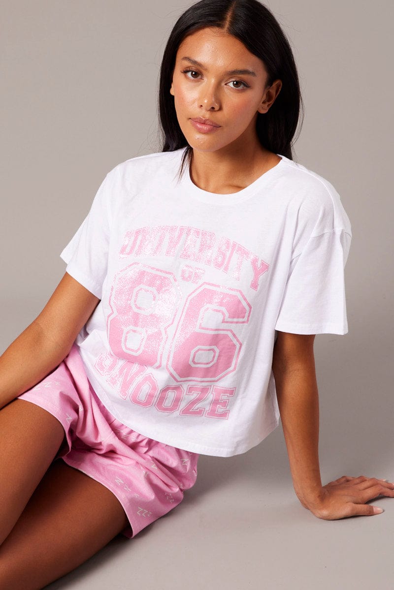 Pink Print Pyjama SetVarsity  Glitter Graphic Jersey Pj for Ally Fashion
