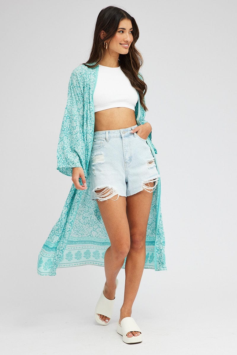 Green Boho Kimono Longline Long Sleeve for Ally Fashion