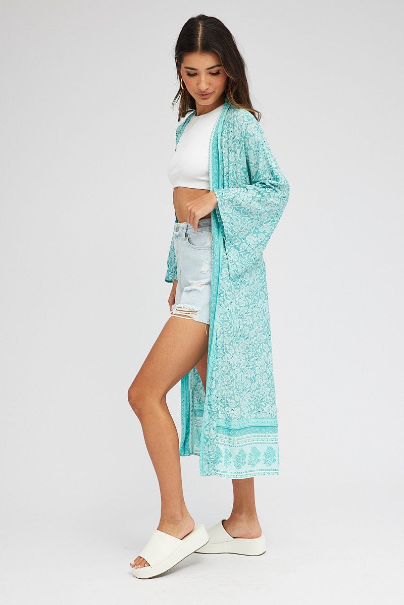 Green Boho Kimono Longline Long Sleeve for Ally Fashion