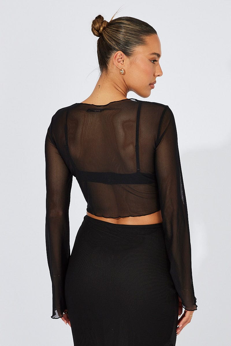 Black Bolero Tie Front Long Sleeve Mesh Ally Fashion