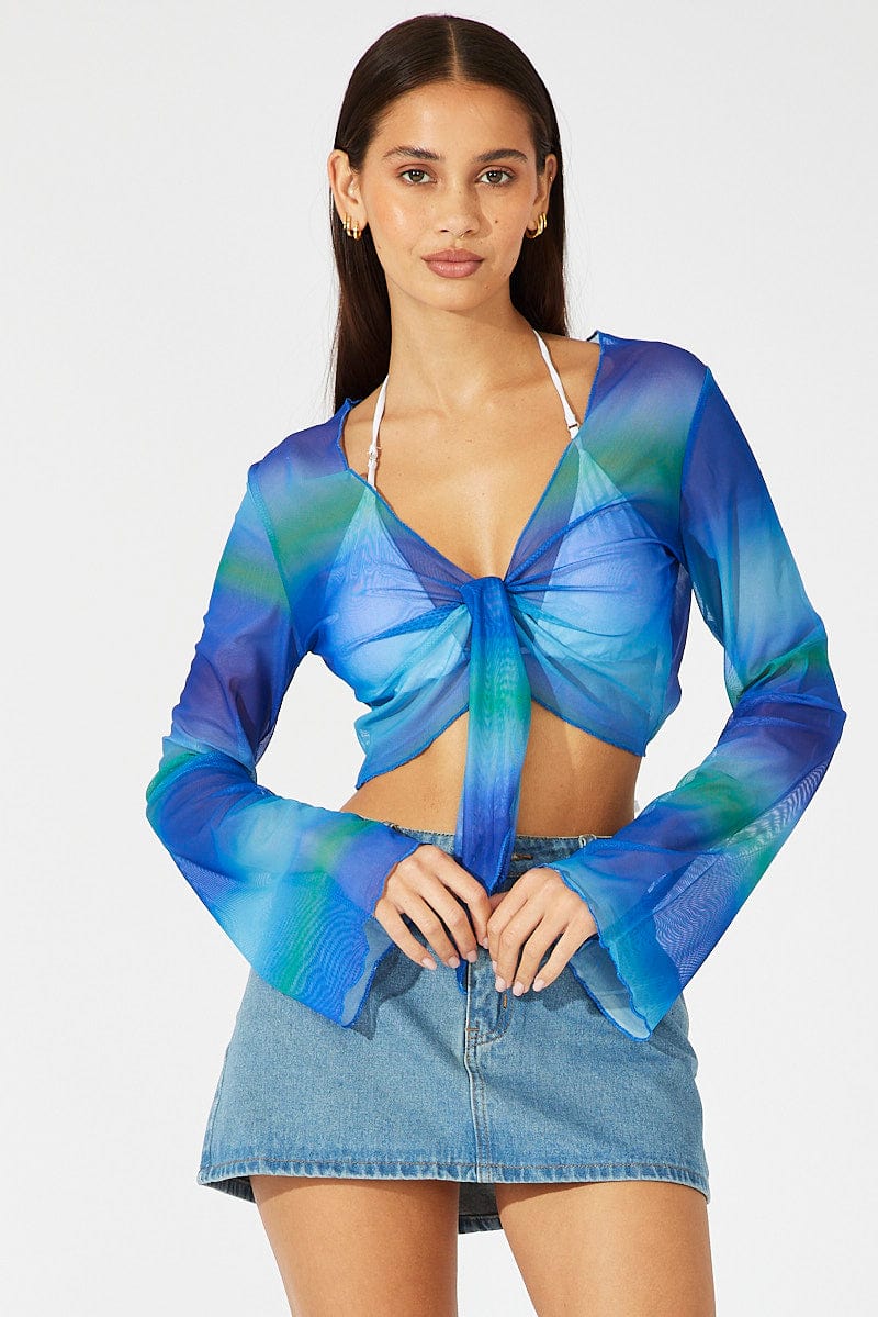 Blue Abstract Tie Up Front Top Long Sleeve Mesh for Ally Fashion