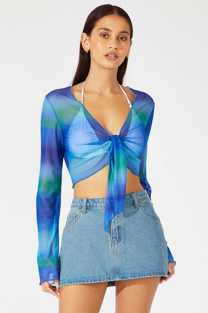 Blue Abstract Tie Up Front Top Long Sleeve Mesh for Ally Fashion