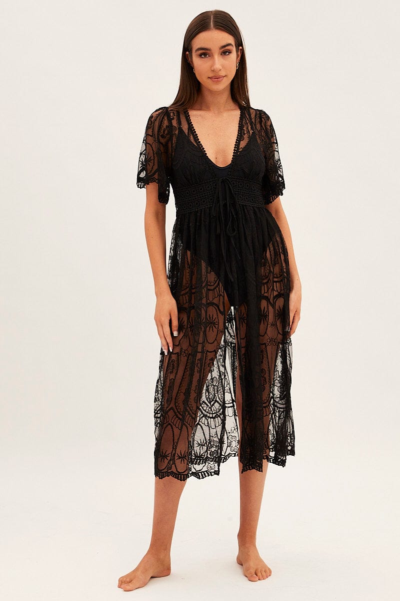 Black Lace Kimono Short Sleeve Tie Front Longline for Ally Fashion