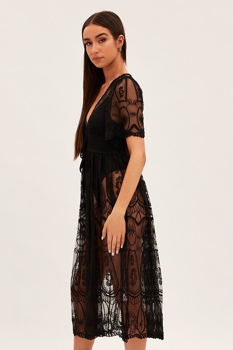 Black Lace Kimono Short Sleeve Tie Front Longline for Ally Fashion