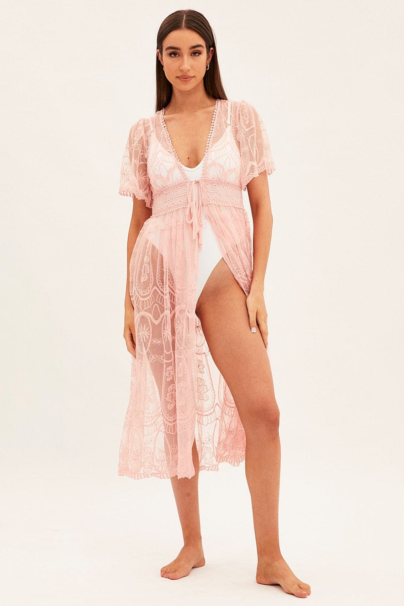 Pink Lace Kimono Short Sleeve Tie Front Longline for Ally Fashion