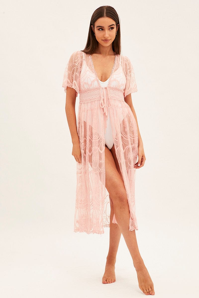 Pink Lace Kimono Short Sleeve Tie Front Longline for Ally Fashion