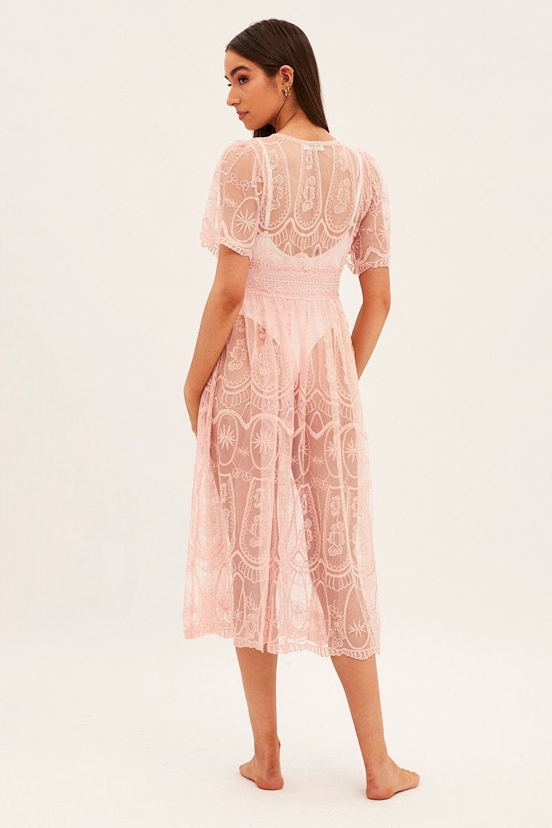 Pink Lace Kimono Short Sleeve Tie Front Longline for Ally Fashion