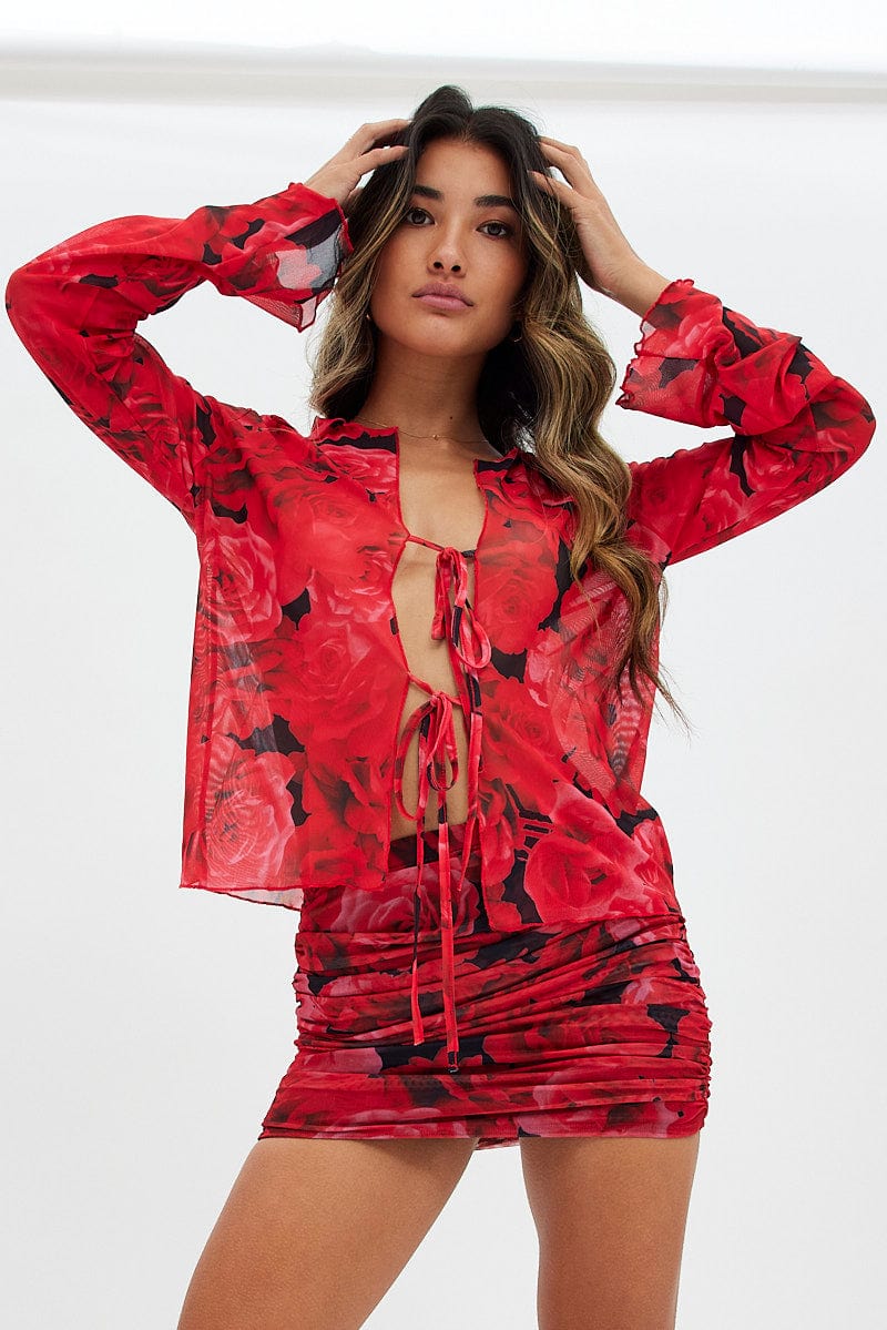 Red Abstract Mesh Cardigan Long Sleeve for Ally Fashion