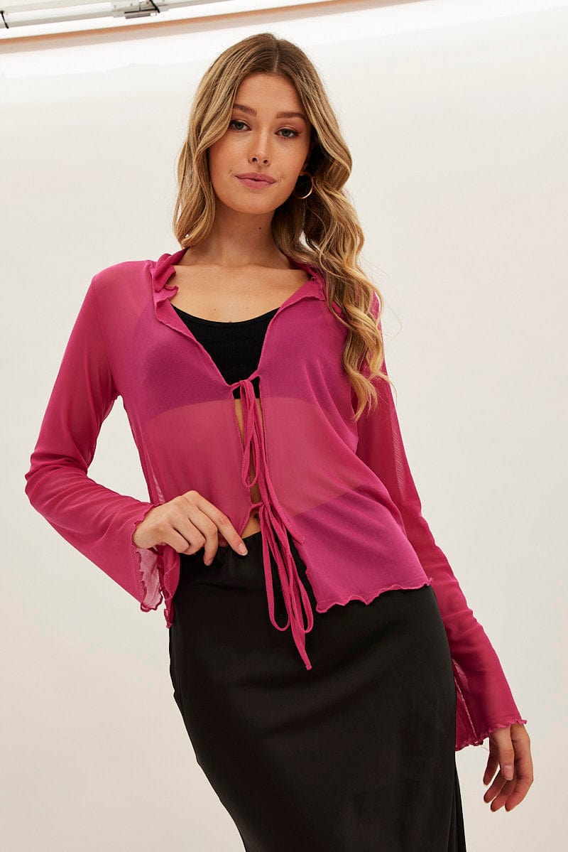 Pink Mesh Cardigan Long Sleeve for Ally Fashion