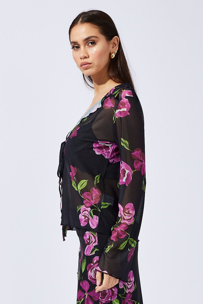 Black Floral Cardigan Long Sleeve for Ally Fashion