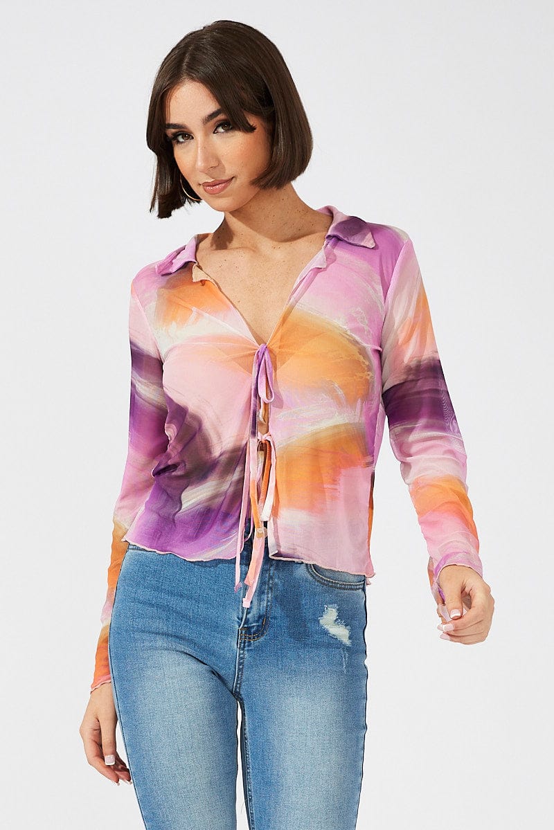 Pink Abstract Mesh Cardigan Long Sleeve for Ally Fashion