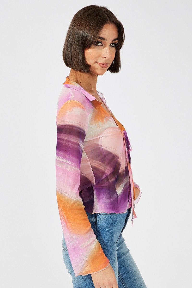 Pink Abstract Mesh Cardigan Long Sleeve for Ally Fashion