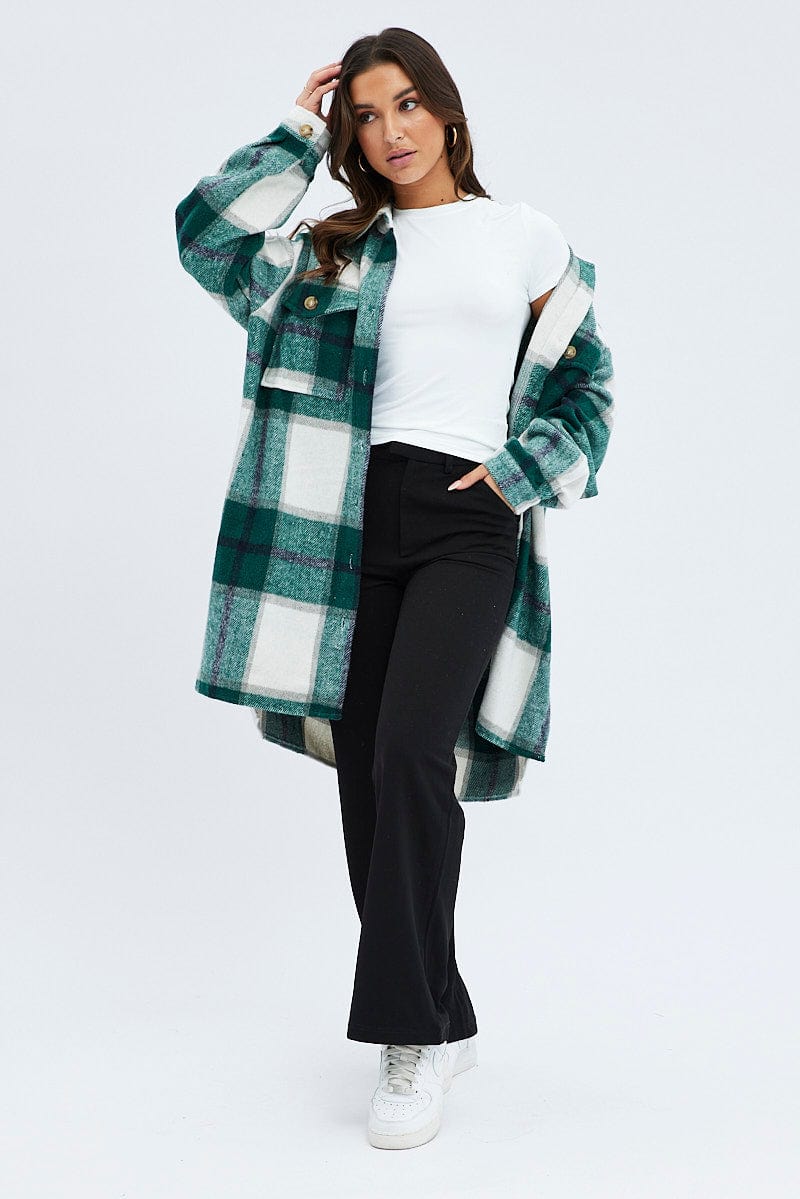 Green Check Long Shacket Long Sleeve | Ally Fashion