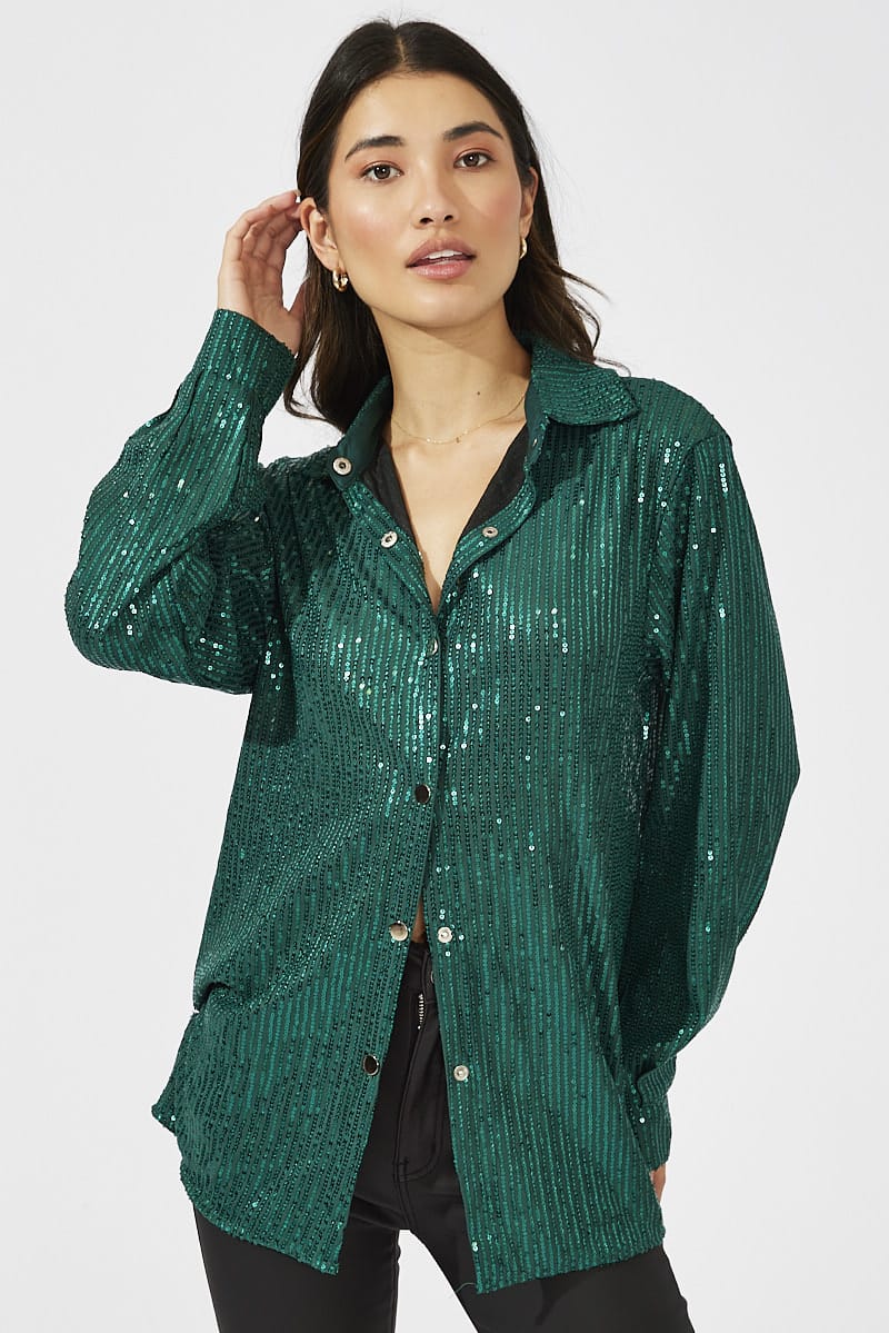 Green Shacket Long Sleeve Sequins for Ally Fashion