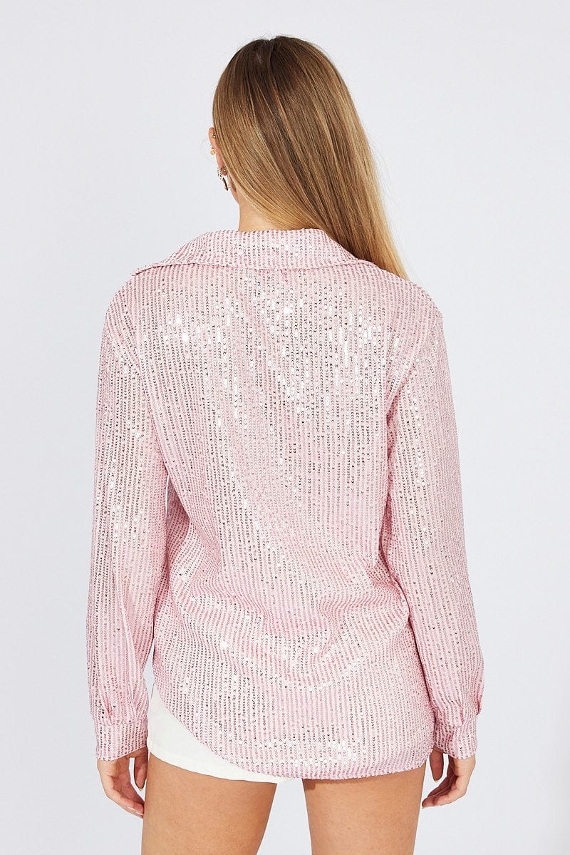 Pink Shacket Long Sleeve Sequins for Ally Fashion