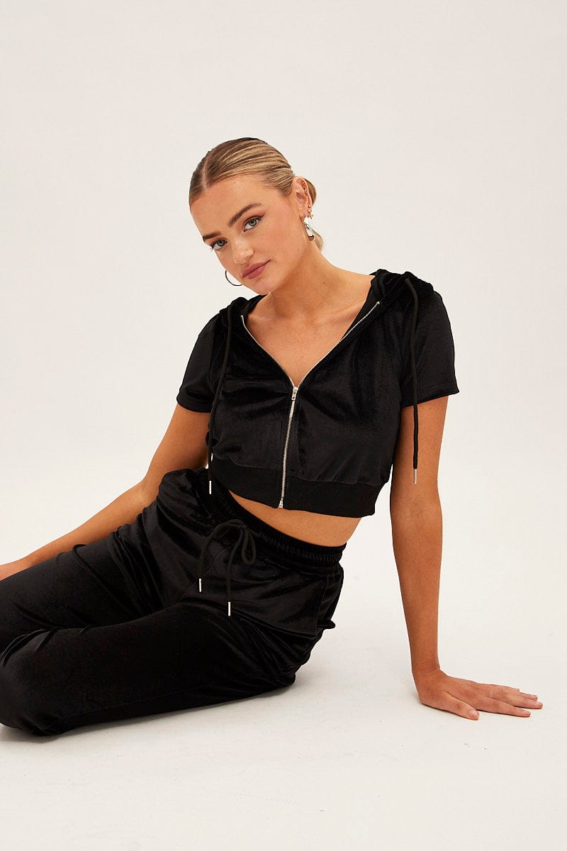 Black Velour Short Sleeve Zip Lounge Hoodie for Ally Fashion