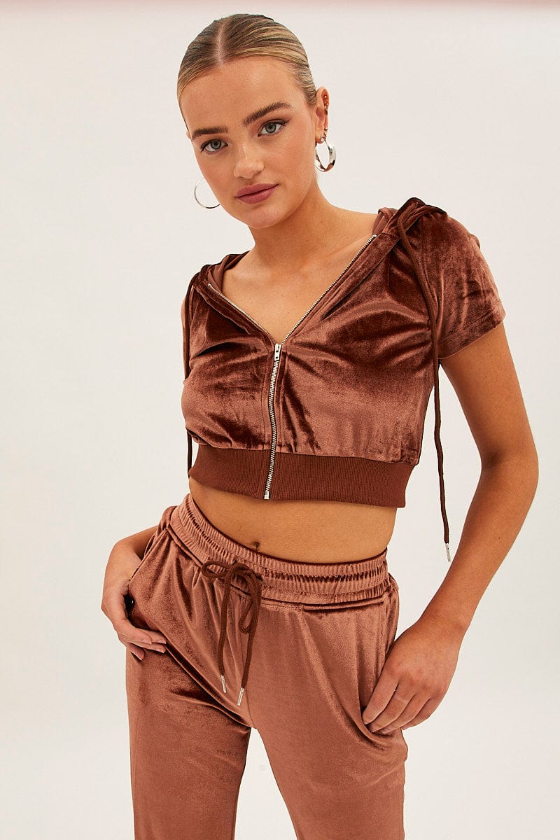 Brown Velour Short Sleeve Zip Lounge Hoodie for Ally Fashion