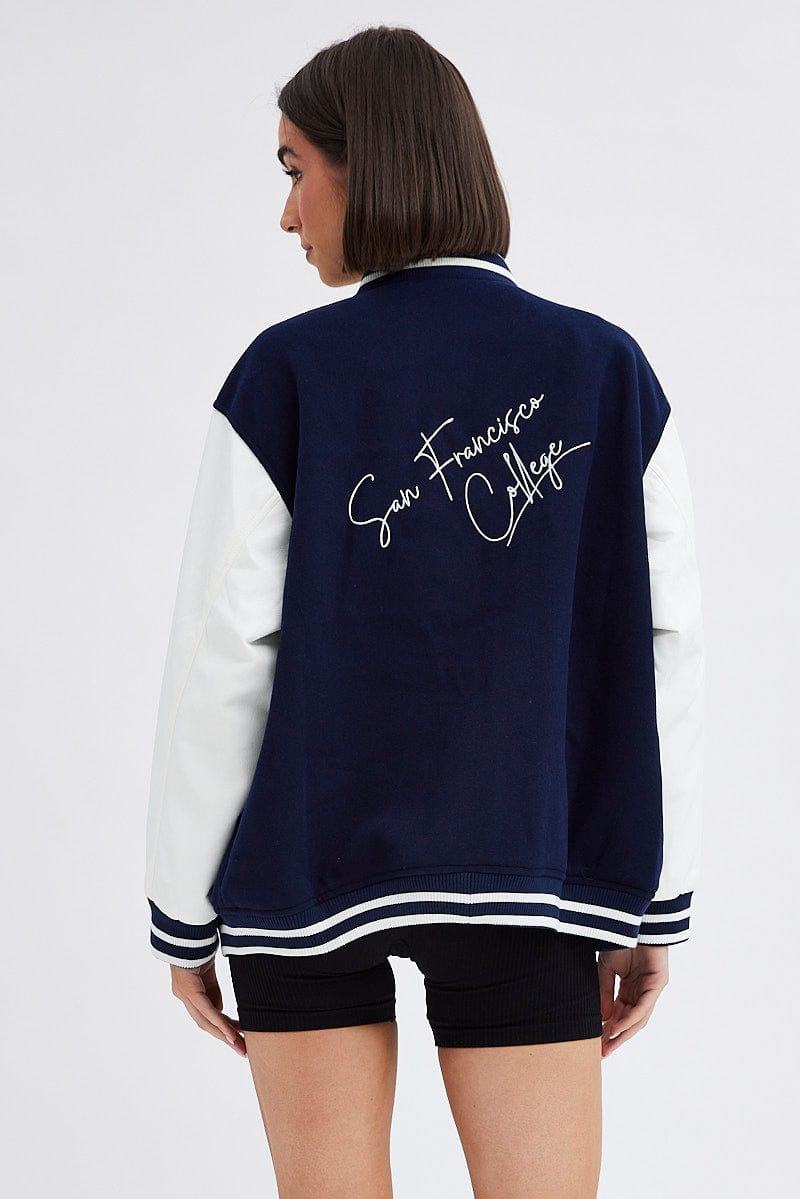 Blue Varsity Jacket Long Sleeves Embroidery Details