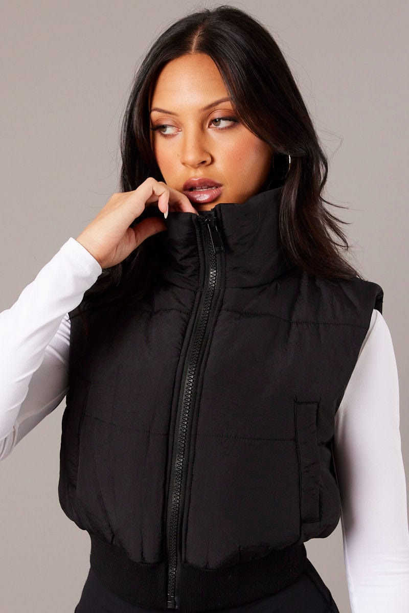 Black Short Puffer Jacket Sleeveless with Pockets for Ally Fashion