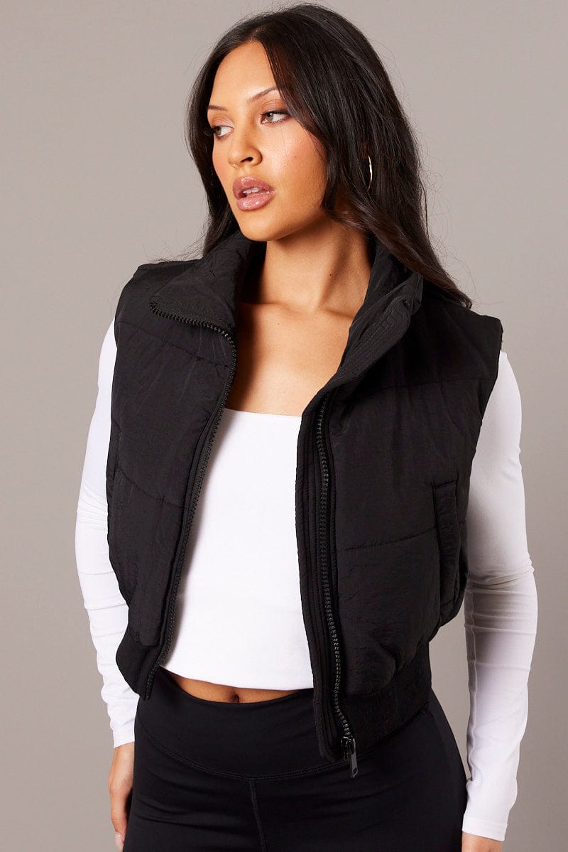 Black Short Puffer Jacket Sleeveless with Pockets for Ally Fashion