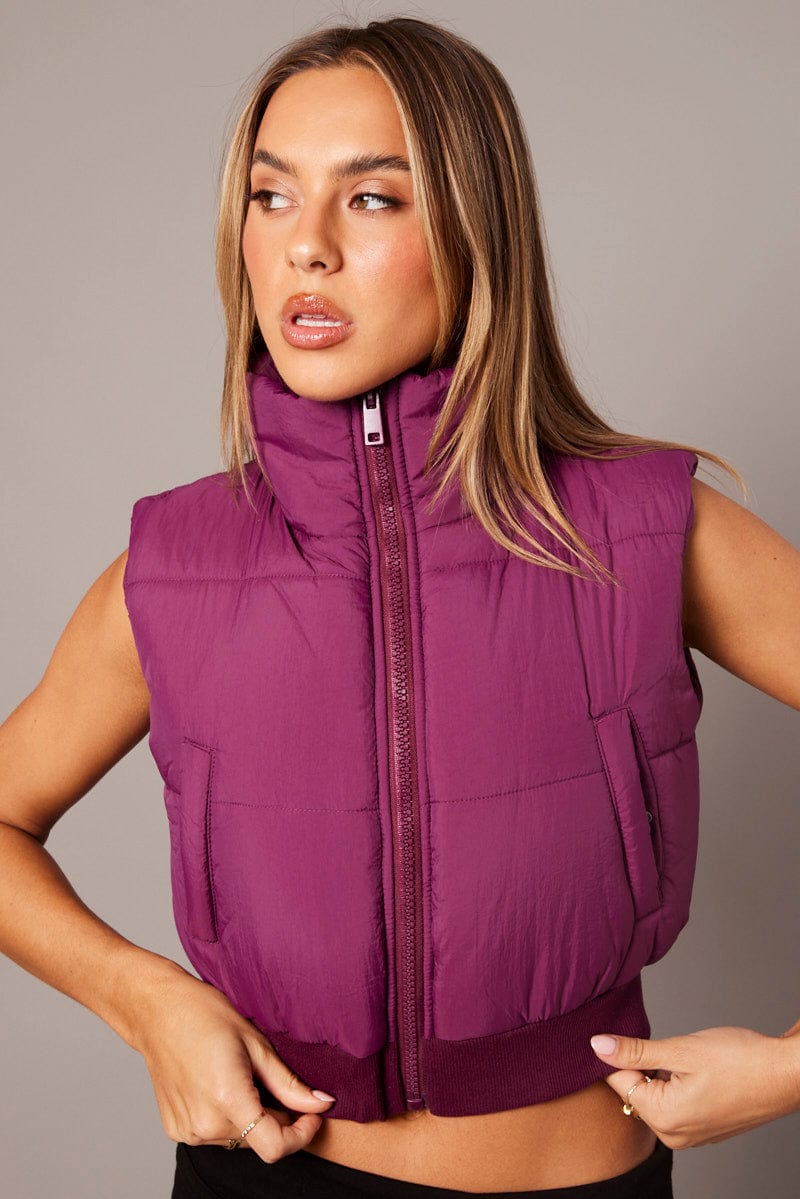 Purple Short Puffer Jacket Sleeveless with Pockets for Ally Fashion