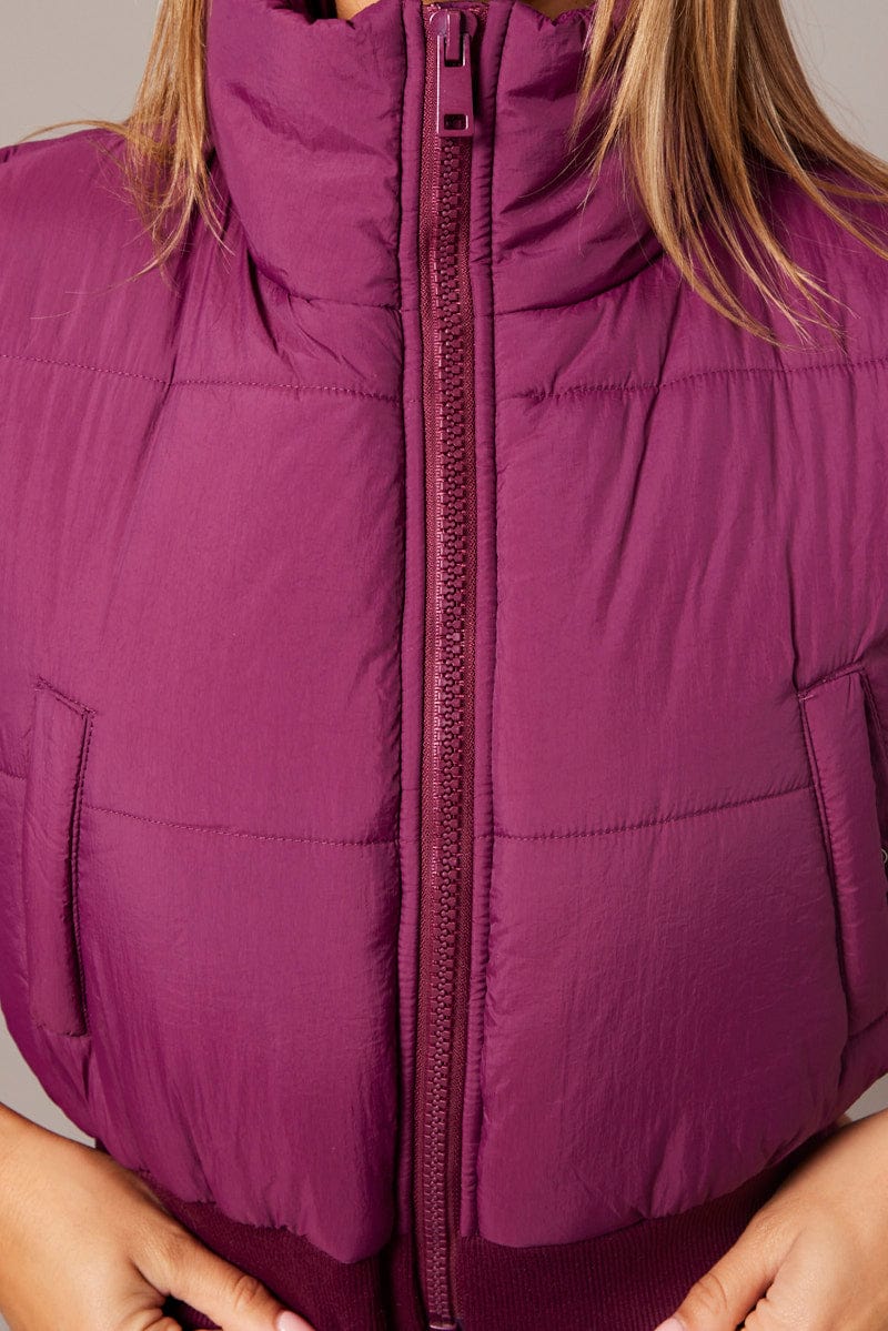 Purple Short Puffer Jacket Sleeveless with Pockets for Ally Fashion