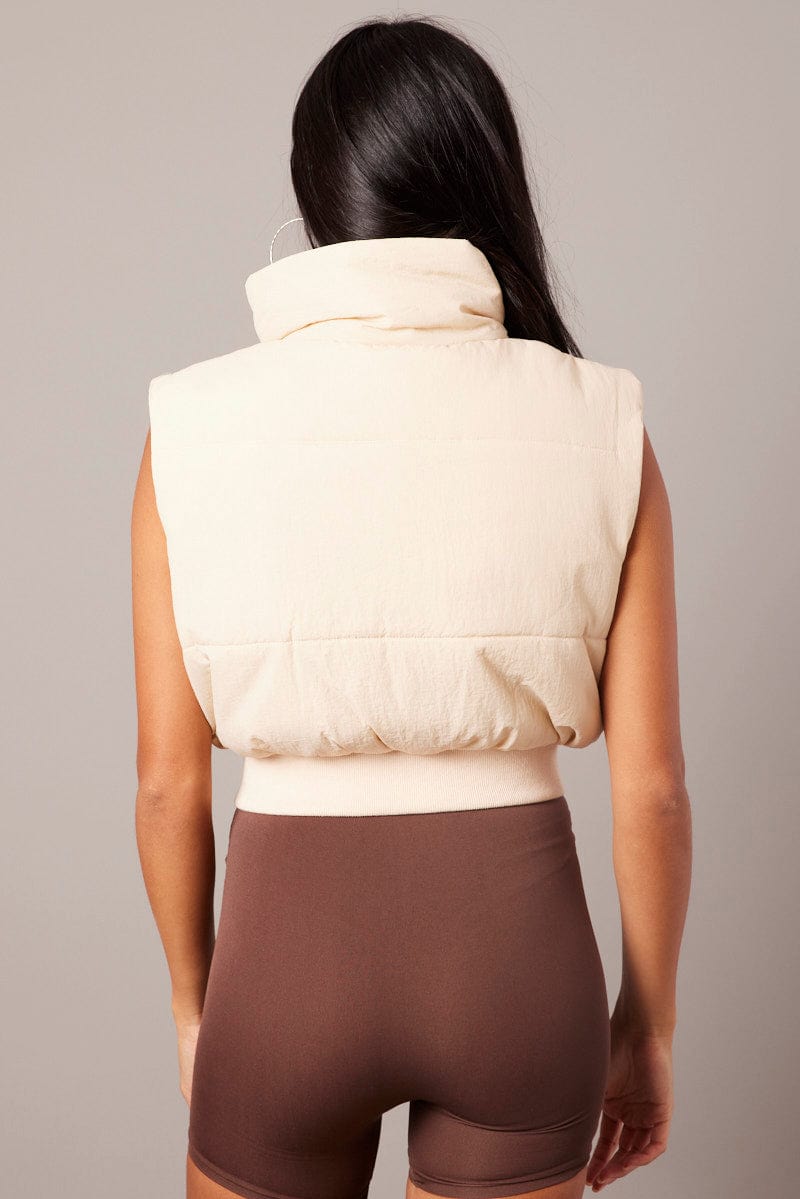 Beige Puffer Vest Crop Sleeveless for Ally Fashion