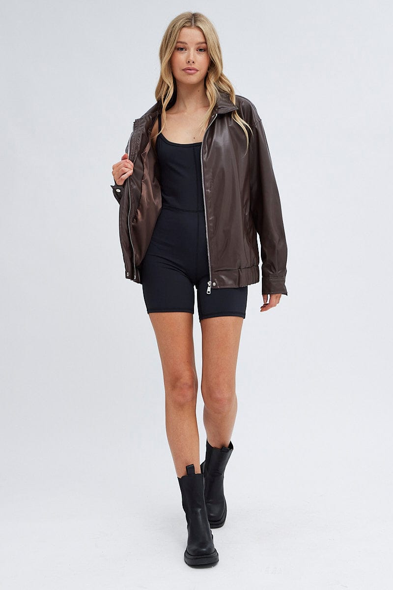 Brown PU oversized Jacket for Ally Fashion