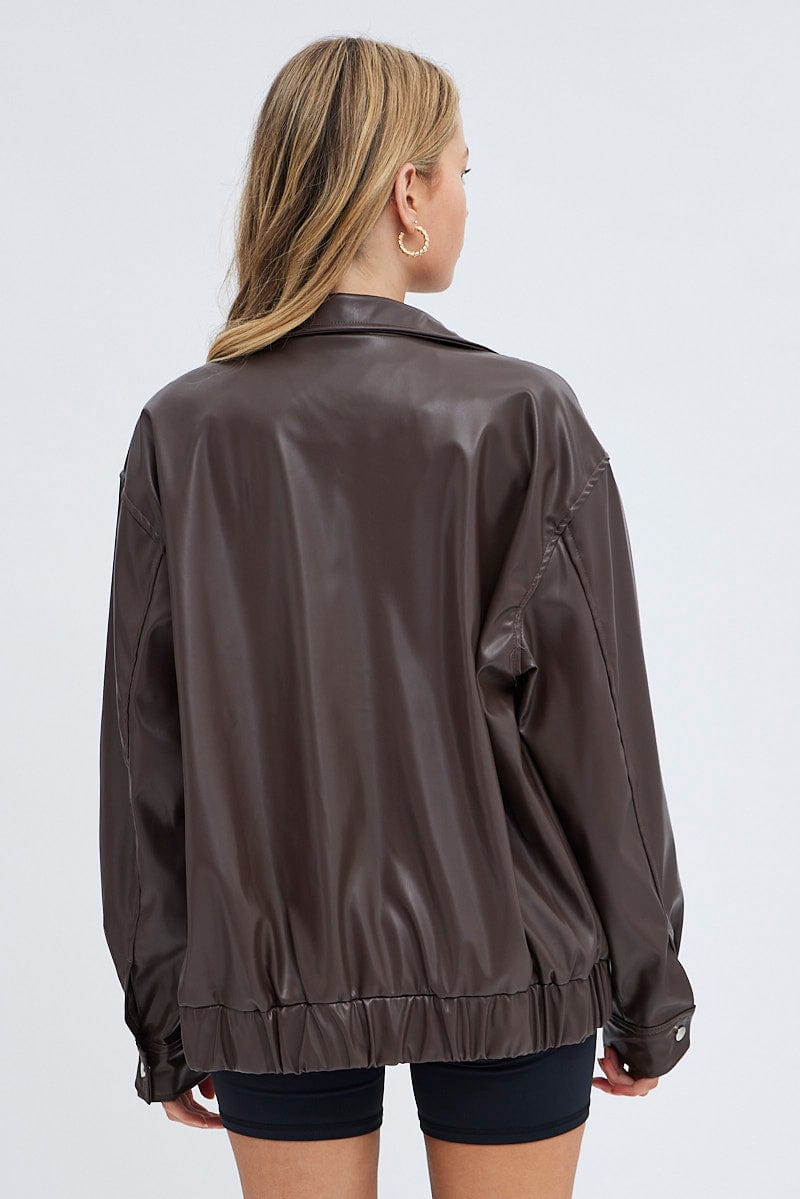Brown PU oversized Jacket for Ally Fashion