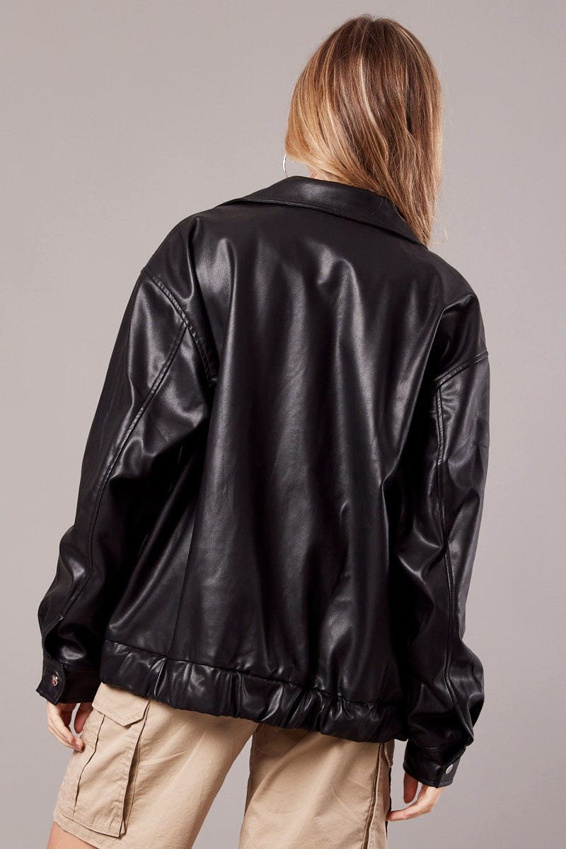 Black Faux Leather Oversized Jacket for Ally Fashion