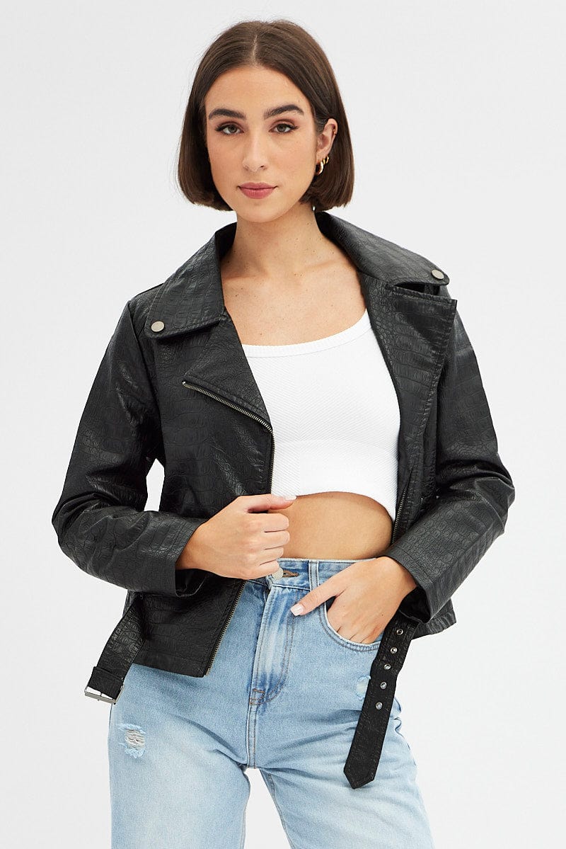 Black Faux Leather Jacket Long Sleeve for Ally Fashion