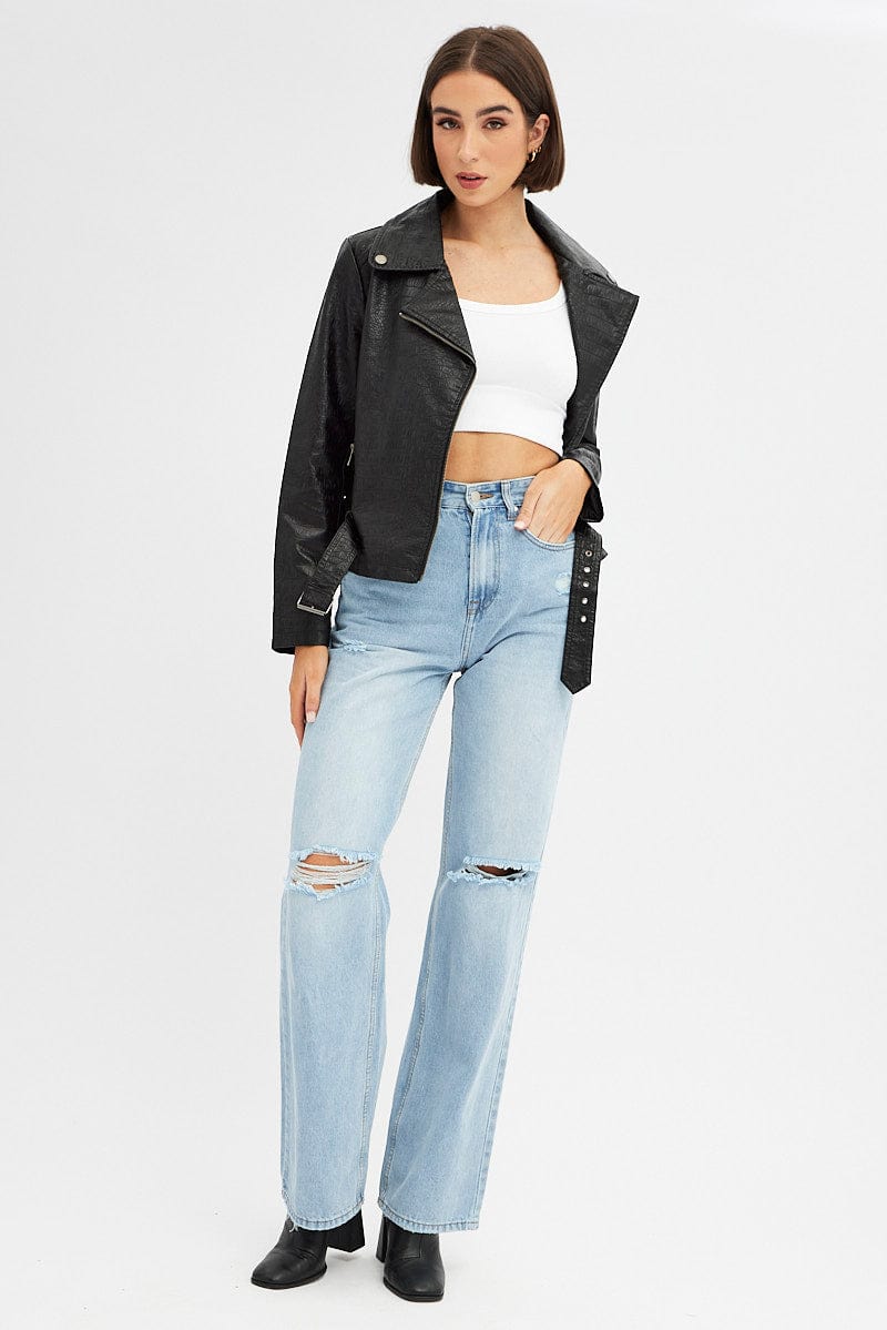 Women’s Black Faux Leather Jacket Long Sleeve | Ally Fashion