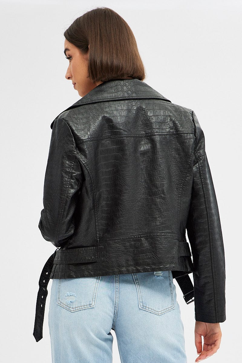 Black Faux Leather Jacket Long Sleeve for Ally Fashion