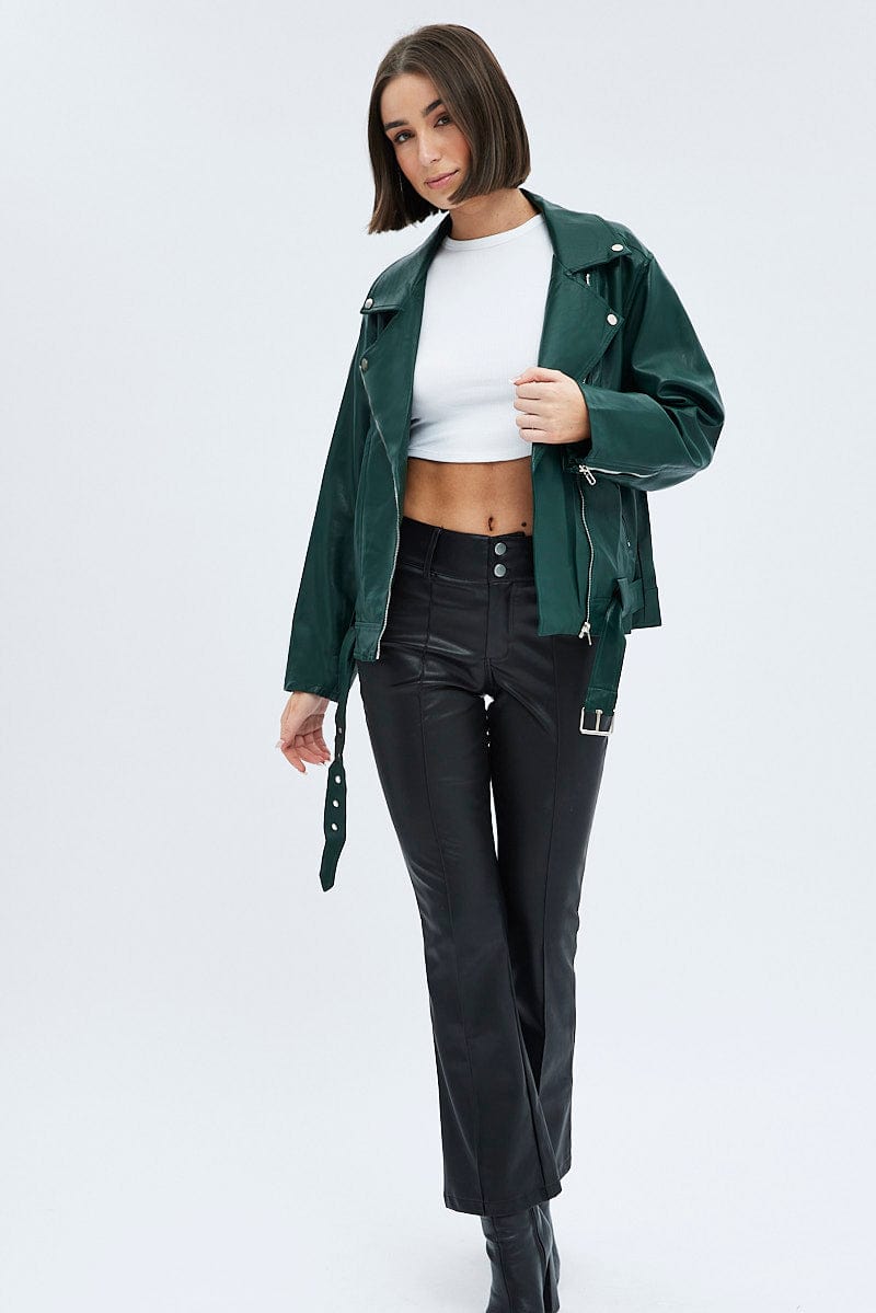 Green Jacket Long Sleeve Collared Faux Leather for Ally Fashion
